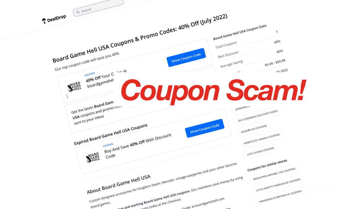 Dealdrop Coupon Scam, Board Game Hell does not cooperate with any coupon sites.