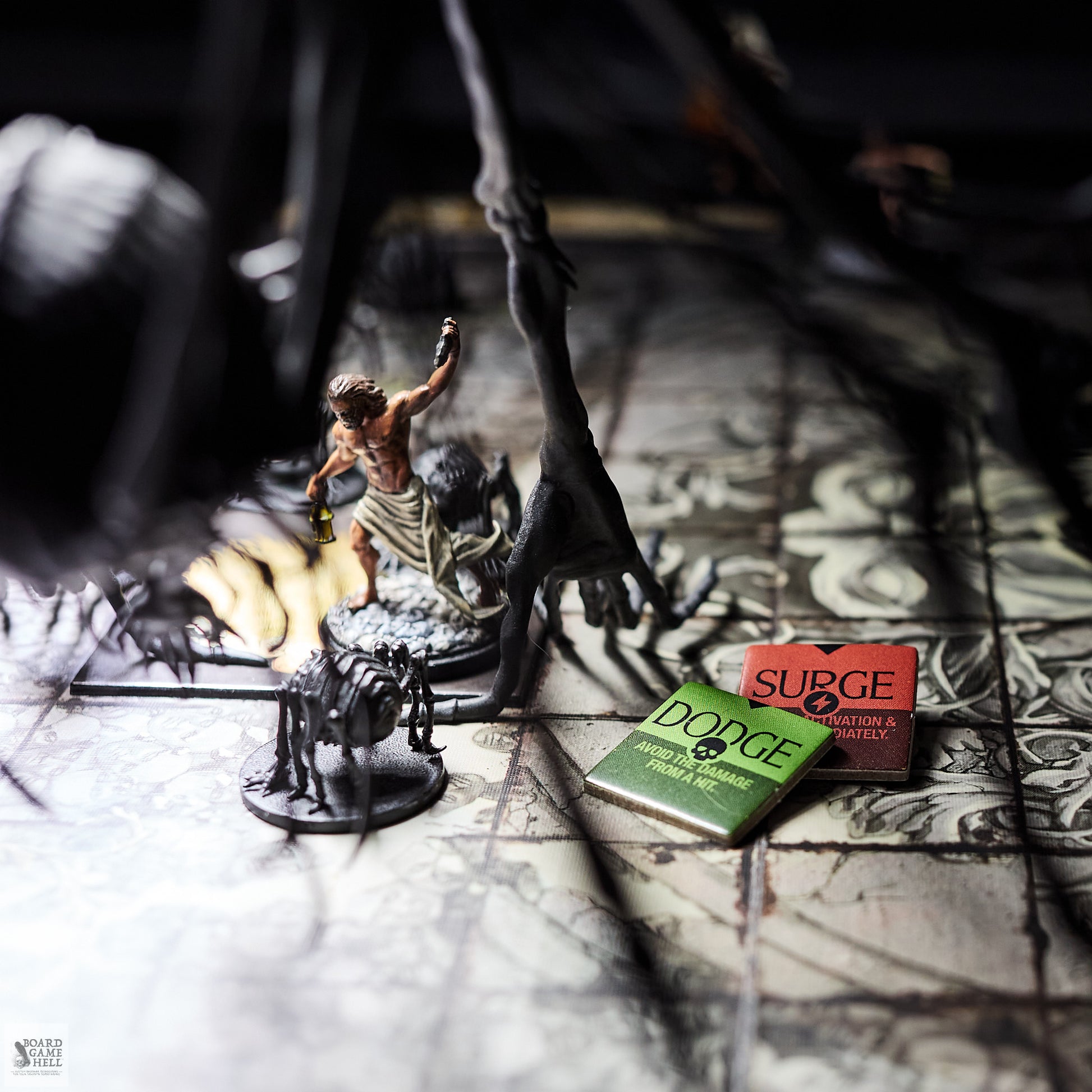 The Original Survival Tokens™ in use in a showdown against Spidicules.